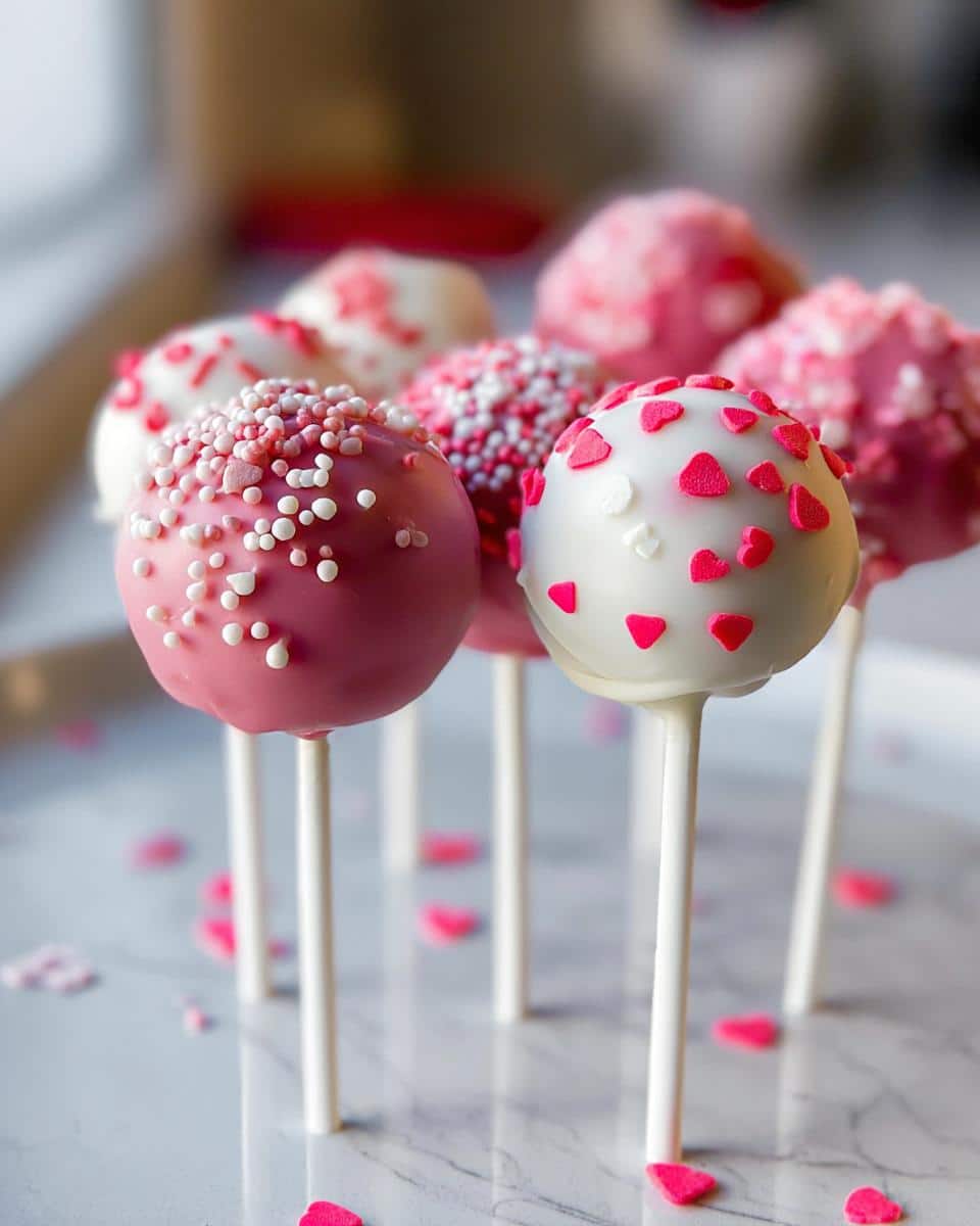 A close-up of several decorated Valentine Cake Pops in pink and white coatings with sprinkles and heart candies.