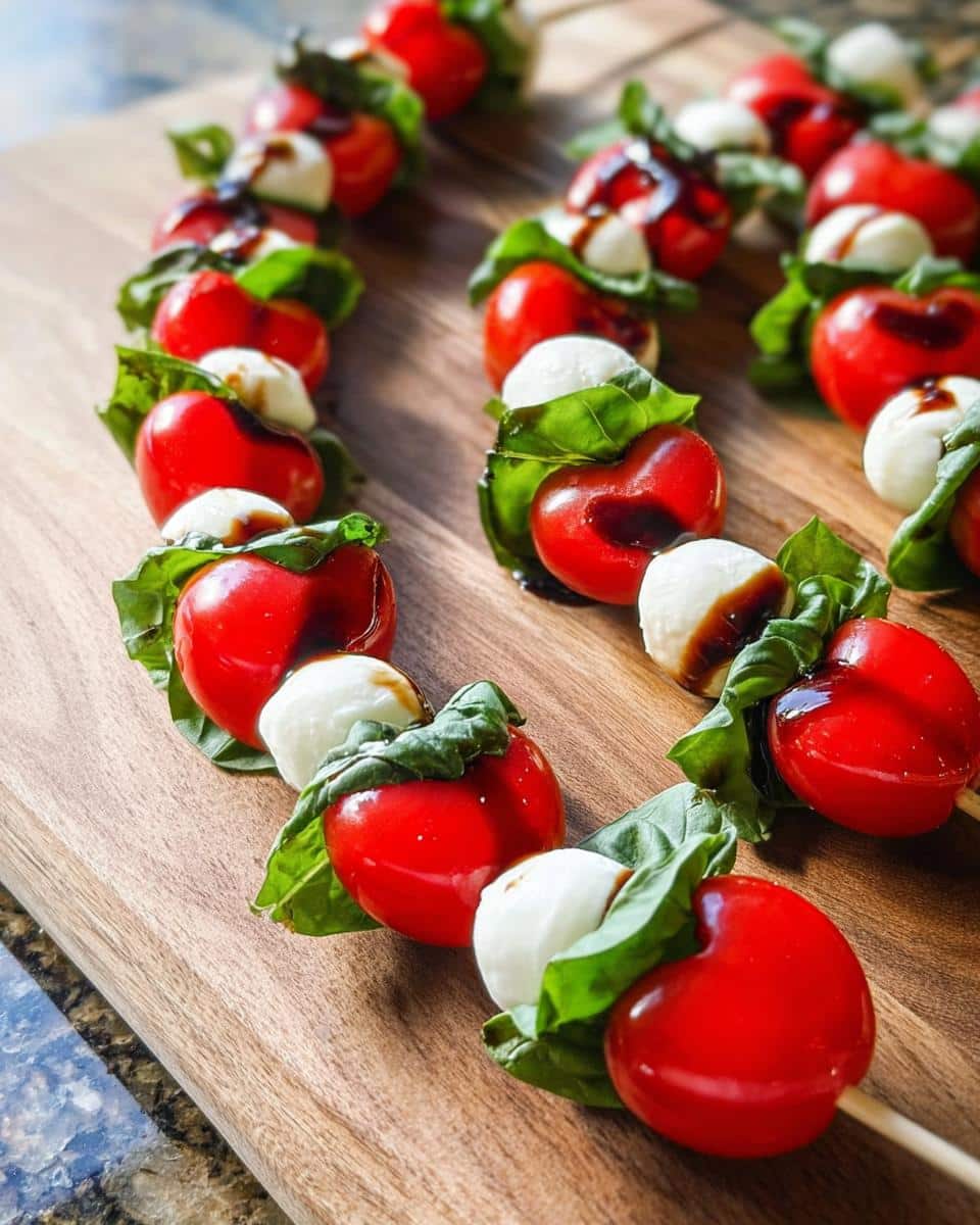 Two rows of Valentine Caprese Skewers featuring cherry tomatoes, mozzarella balls, basil, and a balsamic drizzle on a wooden board.
