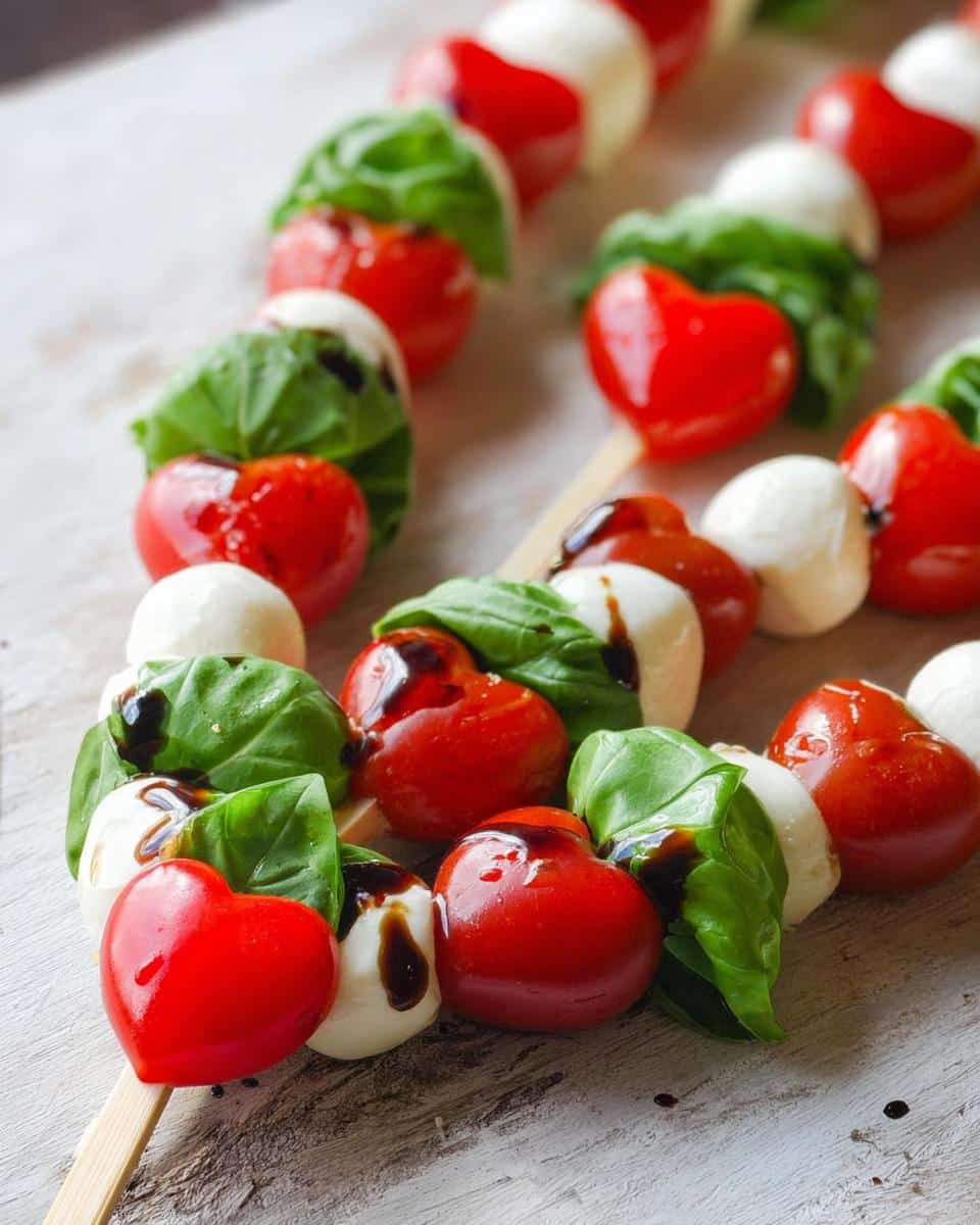 Close-up of Valentine Caprese Skewers featuring heart-shaped tomatoes, mozzarella balls, and basil drizzled with balsamic glaze.