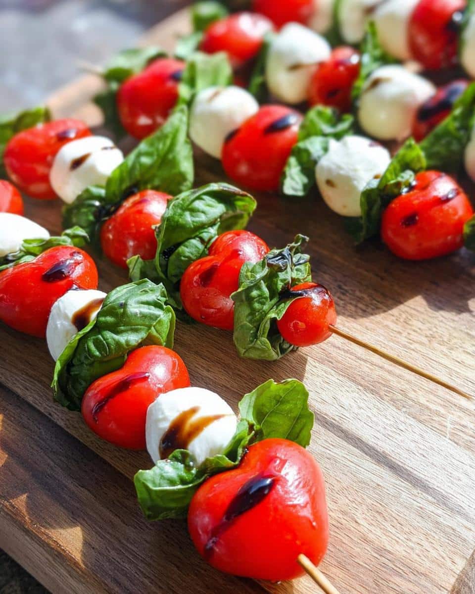 Close-up of Valentine Caprese Skewers featuring heart-shaped tomatoes, mozzarella balls, and basil drizzled with balsamic glaze.