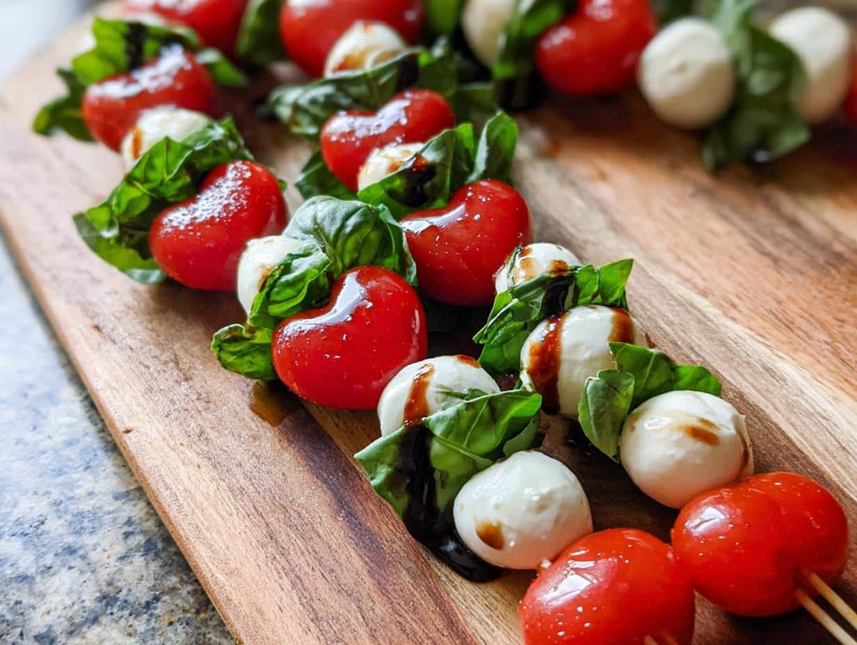 Close-up of Valentine Caprese Skewers featuring heart-shaped tomatoes, mozzarella balls, basil, and balsamic glaze.
