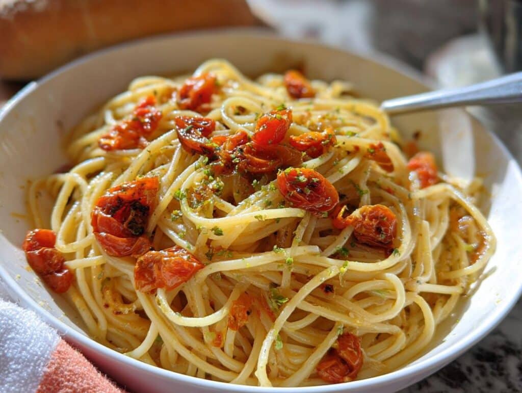 A close-up of a white bowl filled with Valentine Pasta with Roasted Tomatoes, garnished with herbs.
