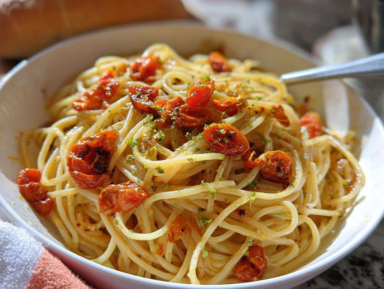 A close-up of a white bowl filled with Valentine Pasta with Roasted Tomatoes, garnished with herbs.