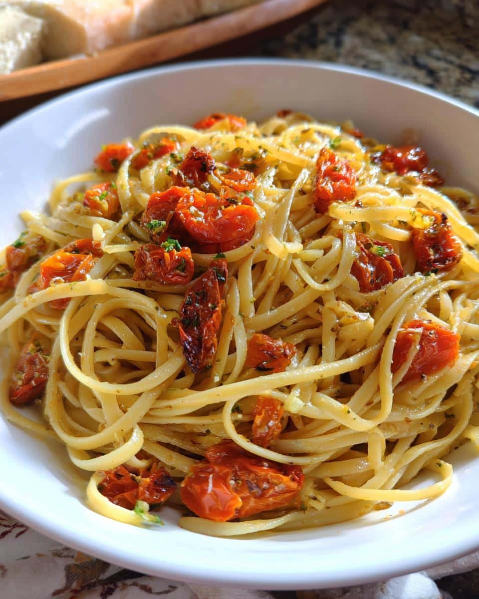 A close-up of a white bowl filled with Valentine Pasta with Roasted Tomatoes, garnished with herbs.