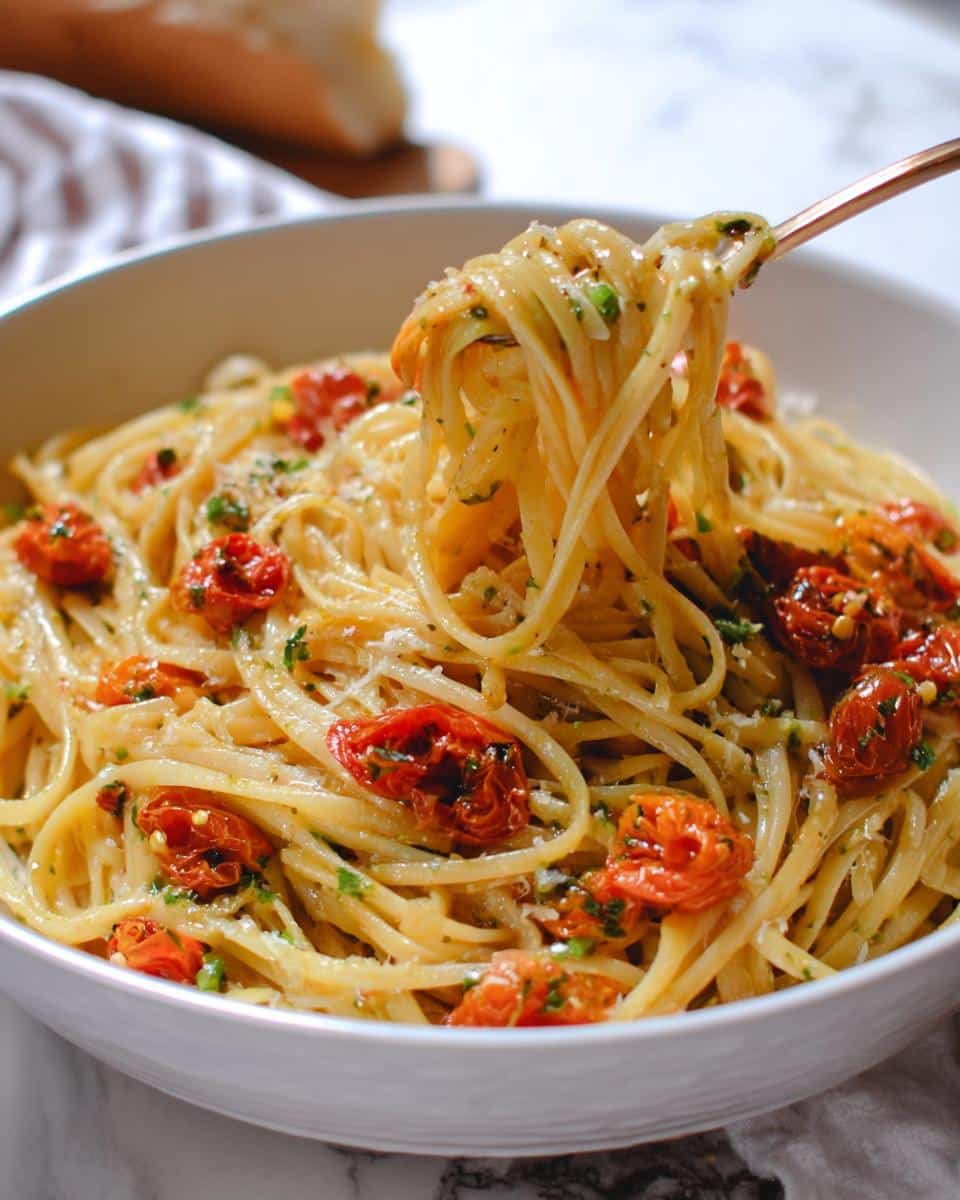 A fork lifting a swirl of linguine from a bowl of Valentine Pasta with Roasted Tomatoes, garnished with cheese.