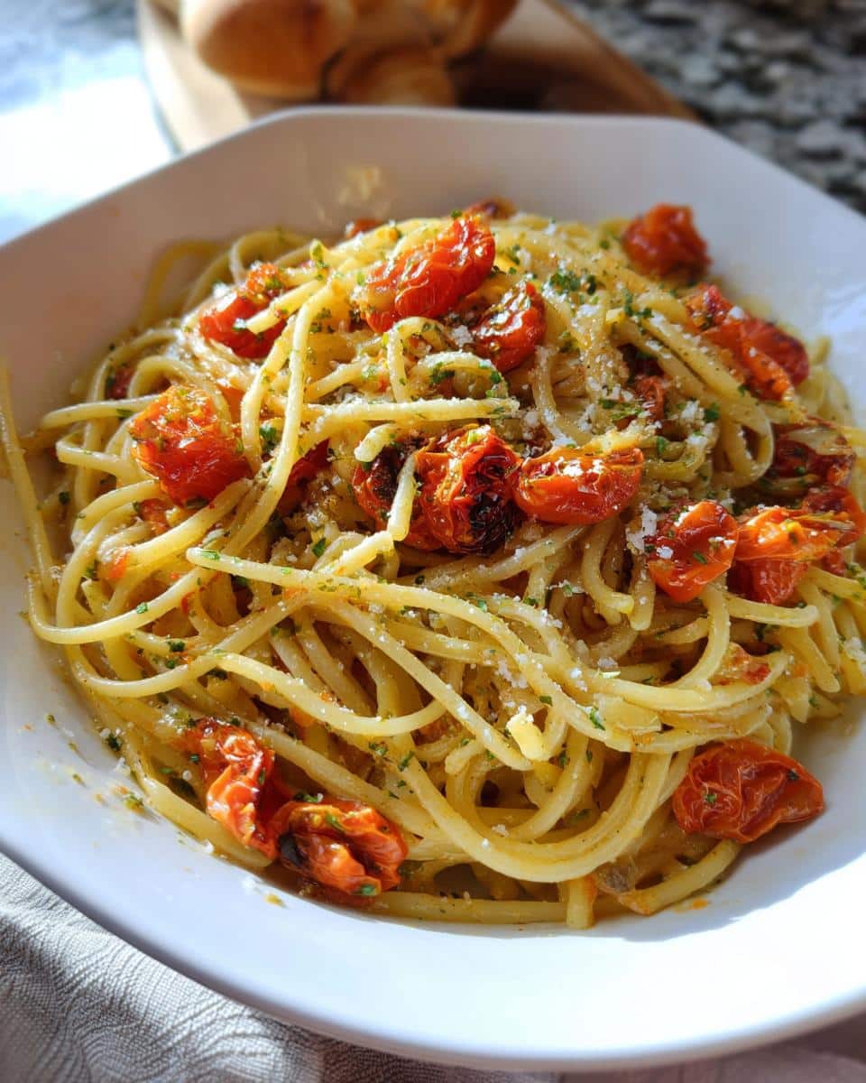 A close-up of spaghetti tossed with roasted tomatoes, cheese, and herbs, perfect for Valentine Pasta.