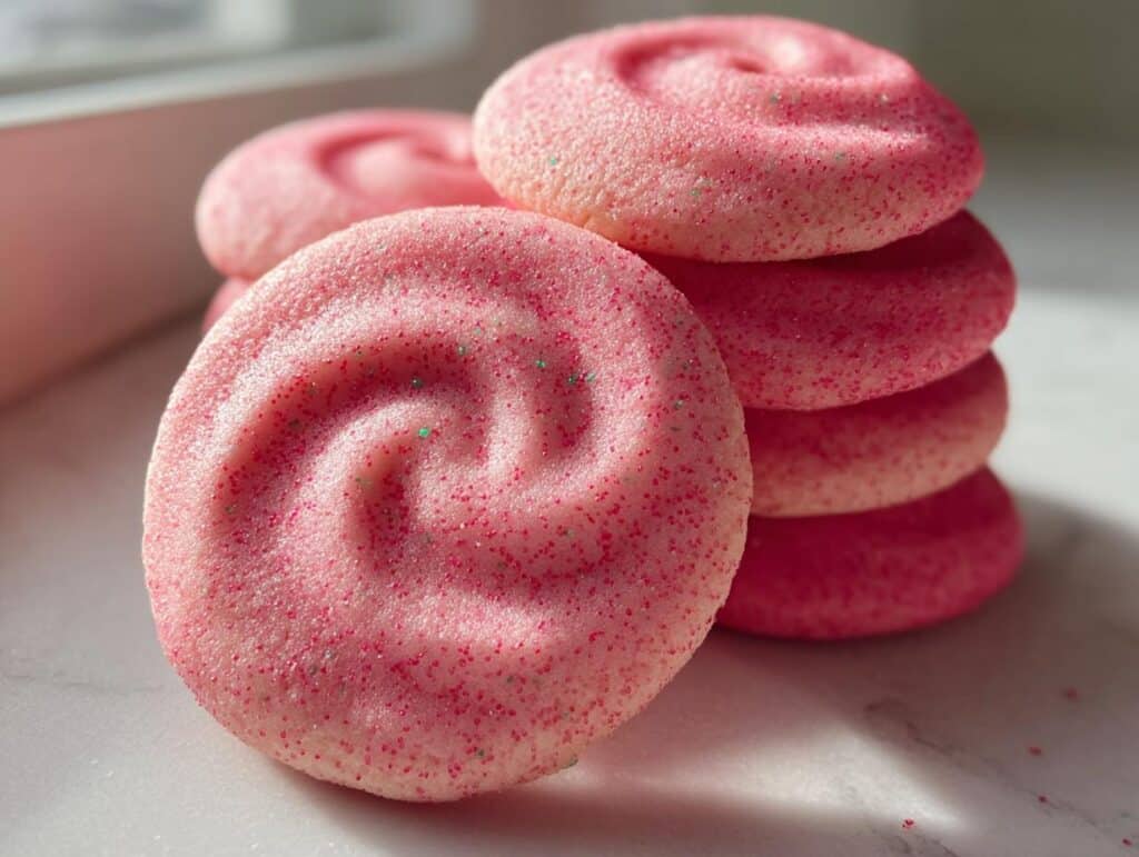 Close-up of a stack of Valentine Pink Velvet Cookies dusted with pink and green sprinkles.