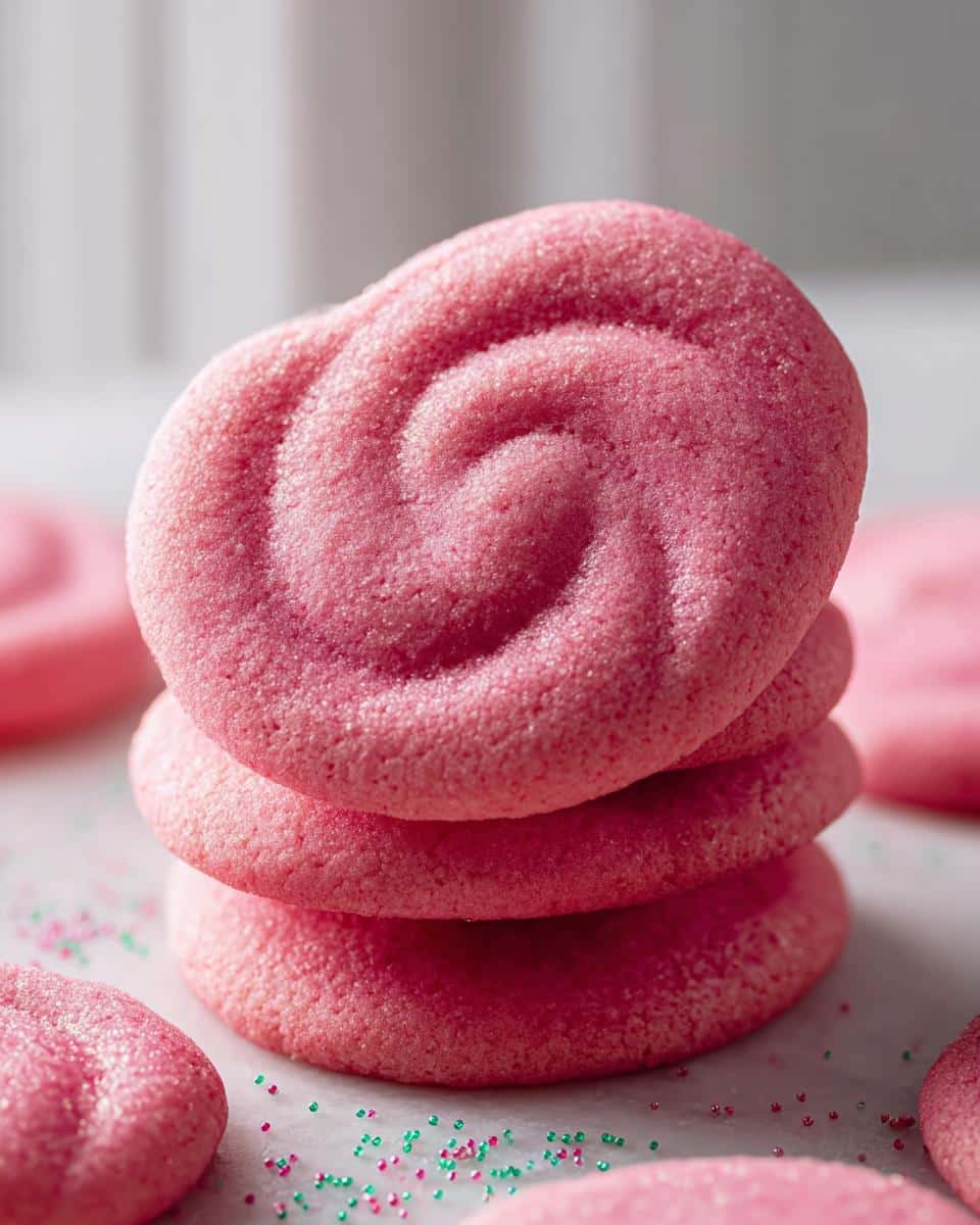 A close-up stack of three bright pink Valentine Pink Velvet Cookies, featuring a distinct swirl pattern on top and coated in sugar.