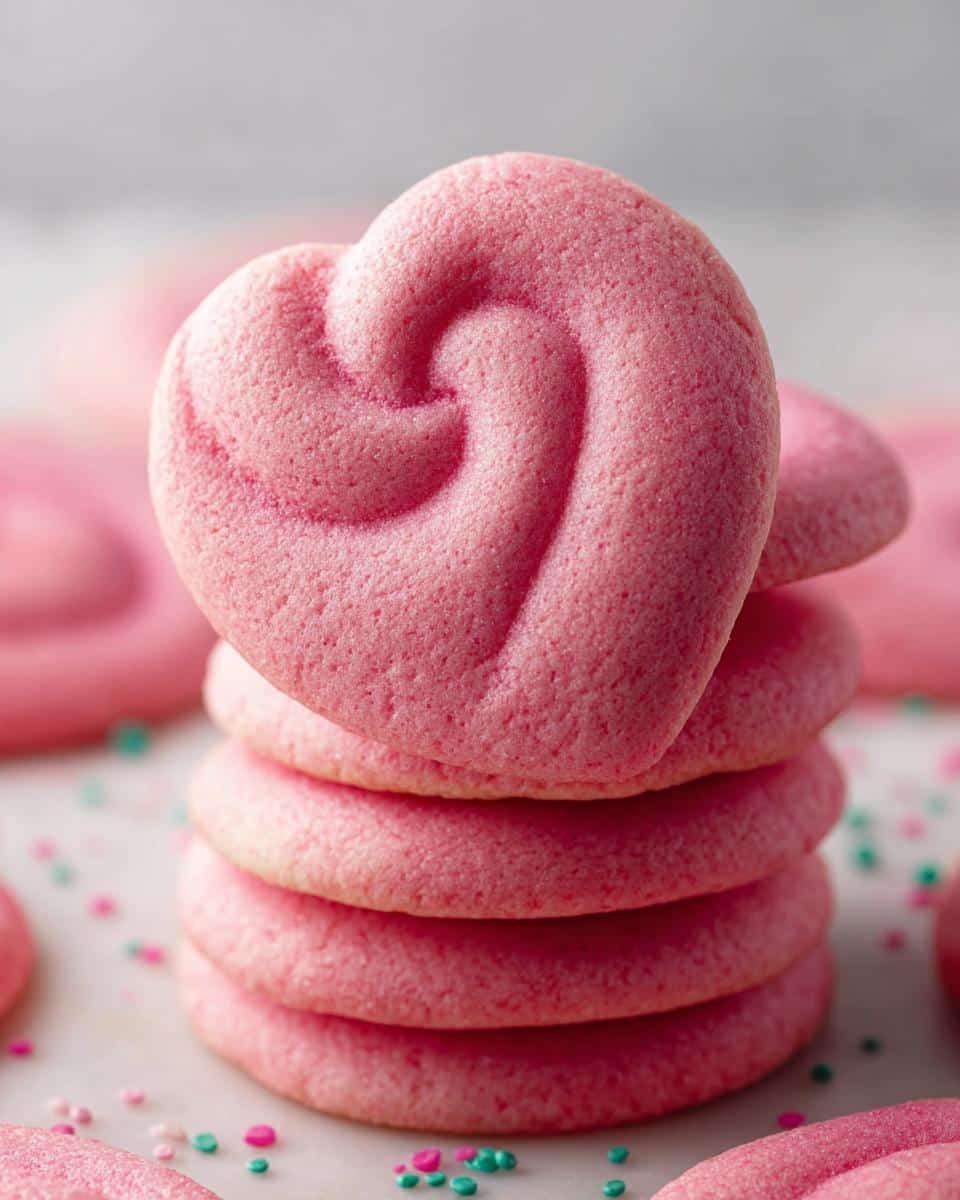 A close-up stack of four heart-shaped Valentine Pink Velvet Cookies with a swirl design on top.