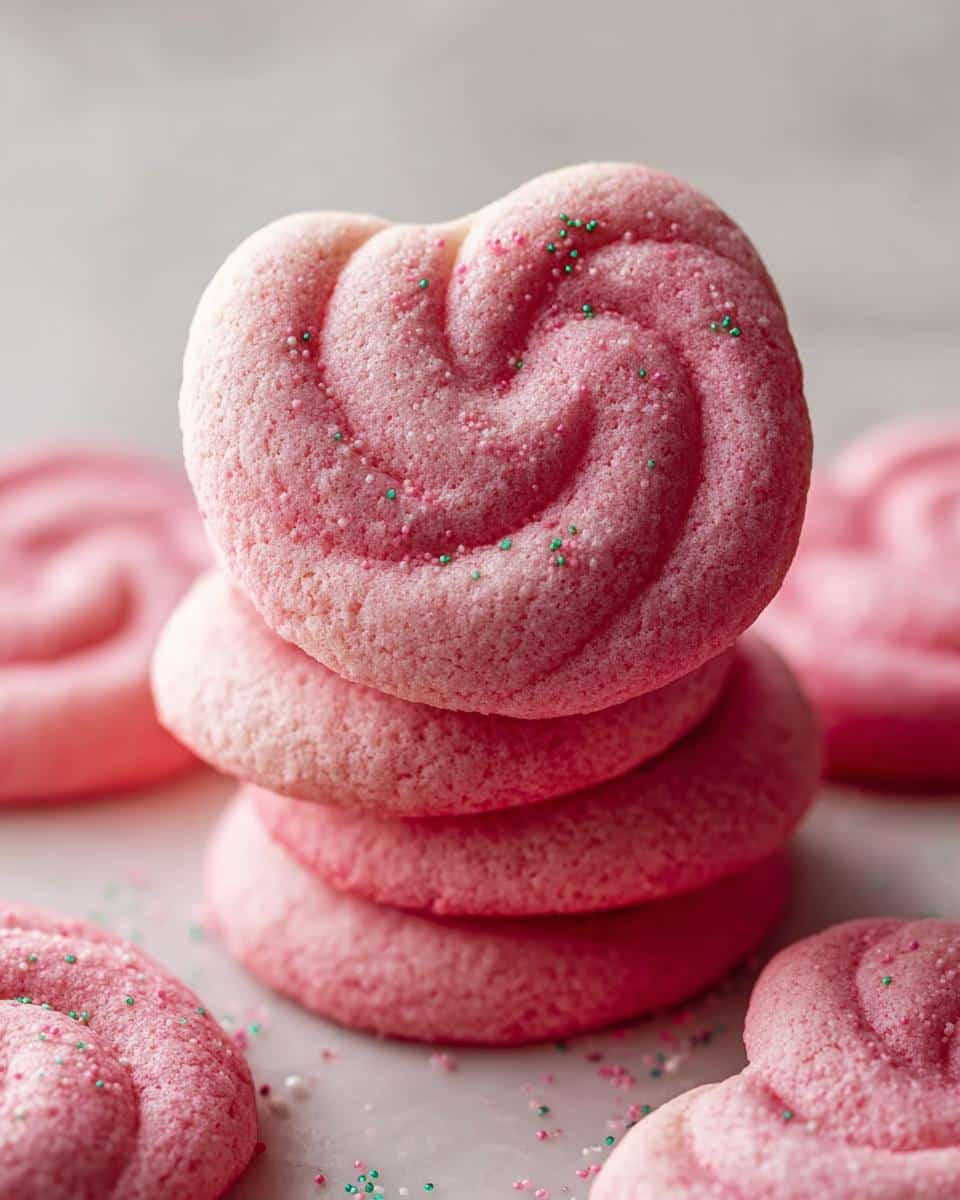 A stack of four bright pink Valentine Pink Velvet Cookies, topped with a swirl design and festive sprinkles.