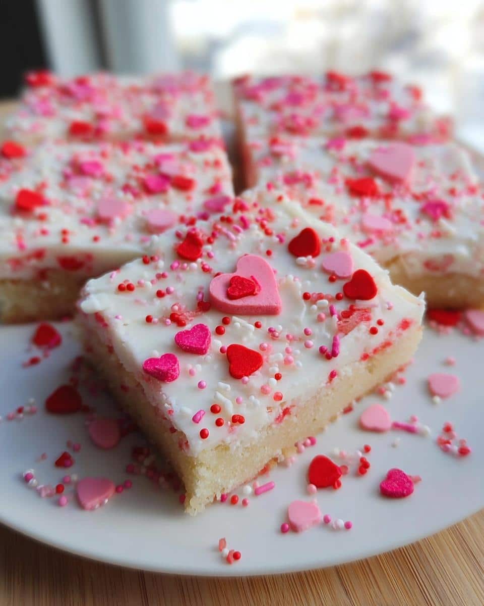 A close-up of a square Valentine Sugar Cookie Bar topped with white frosting and red/pink heart sprinkles.