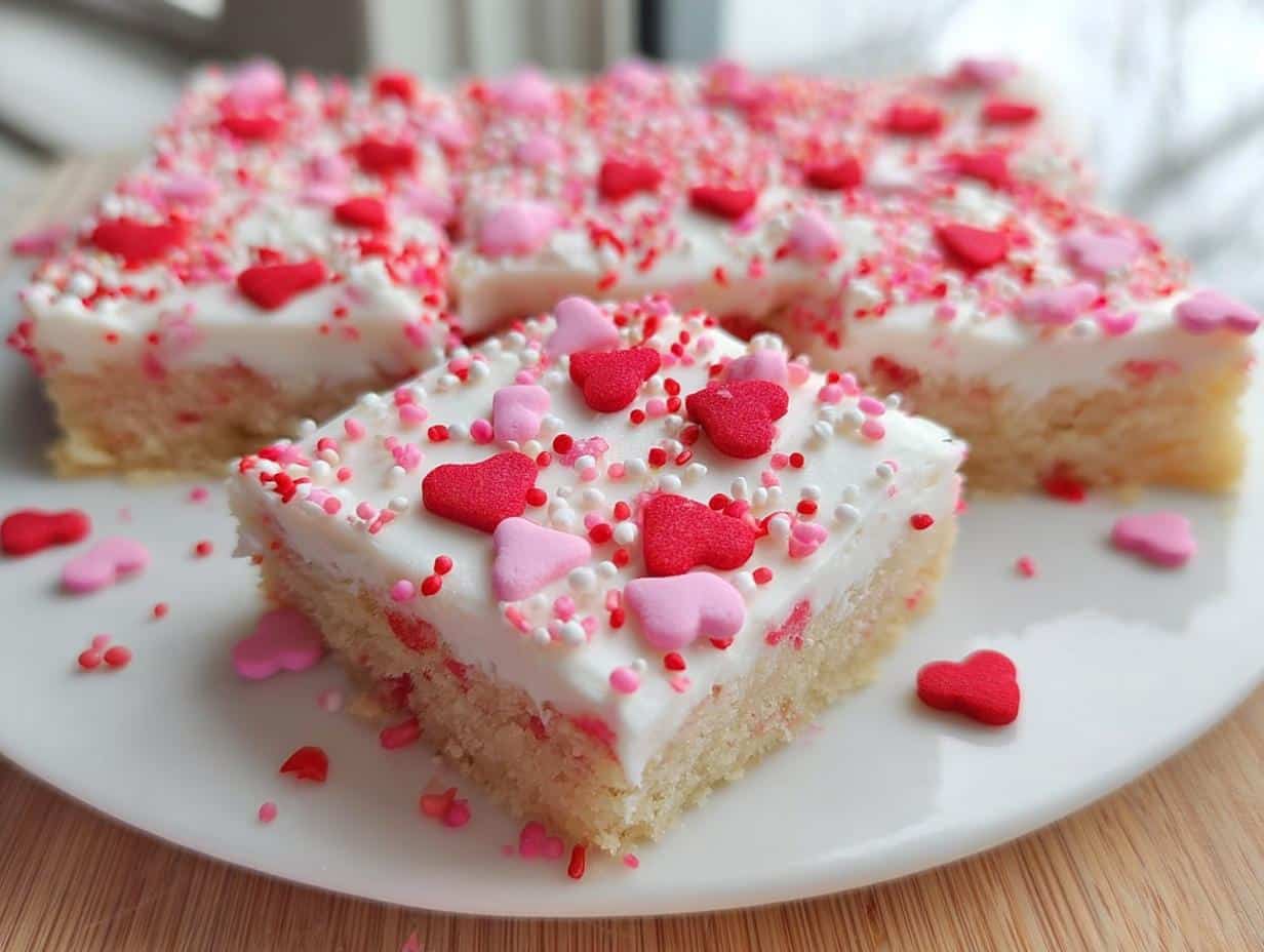 A square slice of Valentine Sugar Cookie Bars topped with white frosting and red and pink heart sprinkles.