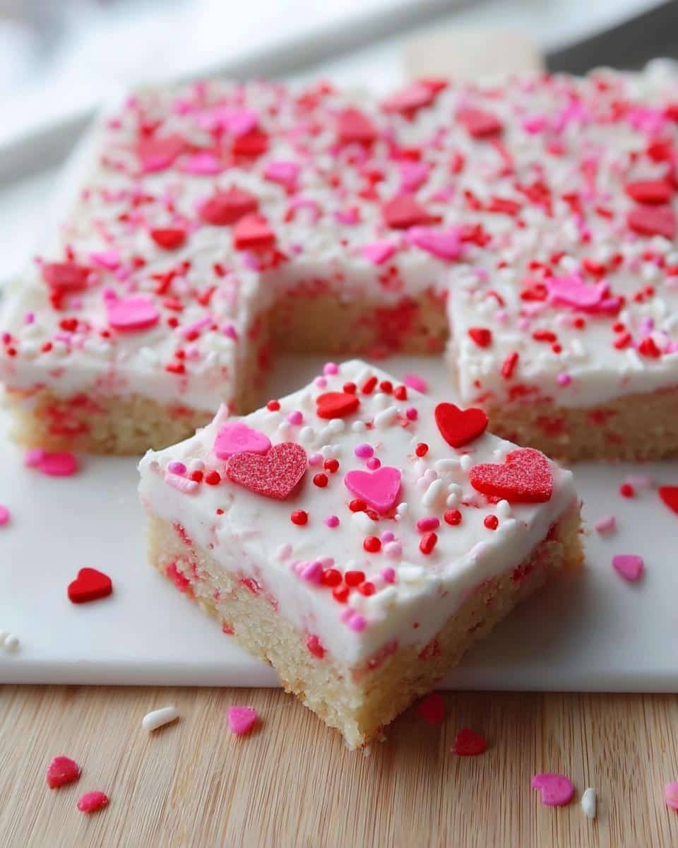 A square slice of Valentine Sugar Cookie Bars topped with white frosting and red and pink heart sprinkles.