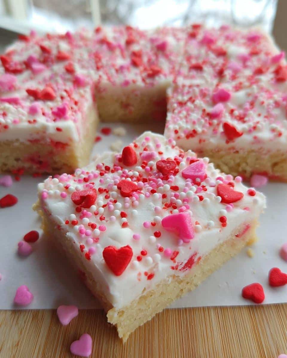 A square piece of Valentine Sugar Cookie Bars topped with white frosting and red/pink heart sprinkles.