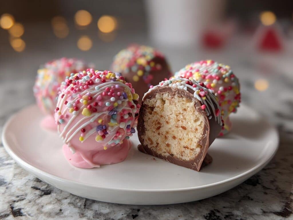 A cross-section view showing the cake interior of a Valentine’s Day Lollipop Cake next to whole decorated treats.