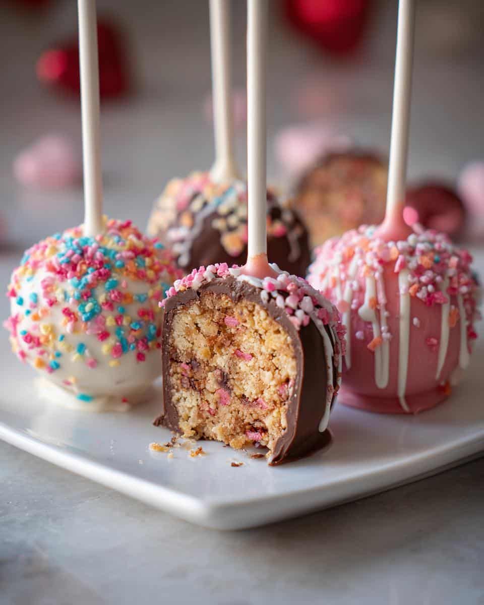 Close-up of a Valentine’s Day Lollipop Cake cut in half showing the cake interior, surrounded by other decorated cake pops.