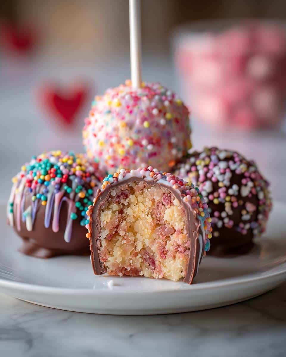 Close-up of a Valentine’s Day Lollipop Cake pop cut in half showing cake interior, coated in chocolate and sprinkles.