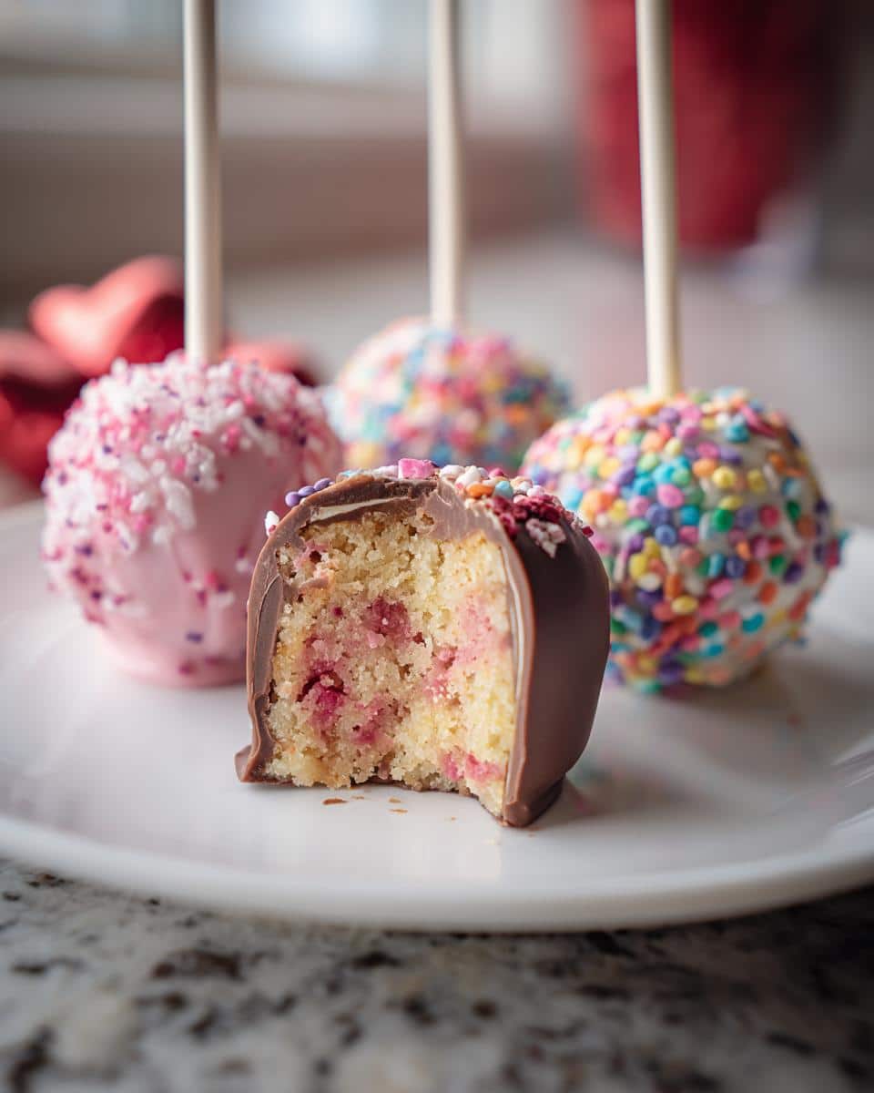 Close-up of a Valentine’s Day Lollipop Cake pop cut in half showing the cake interior and chocolate coating.