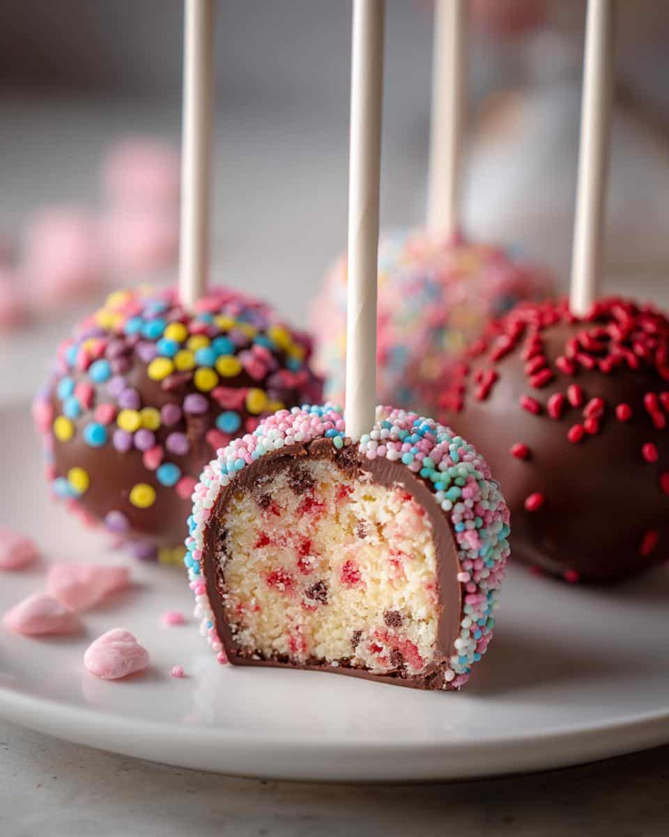 Close-up of a Valentine’s Day Lollipop Cake pop cut in half, showing the cake interior, dipped in chocolate and sprinkles.