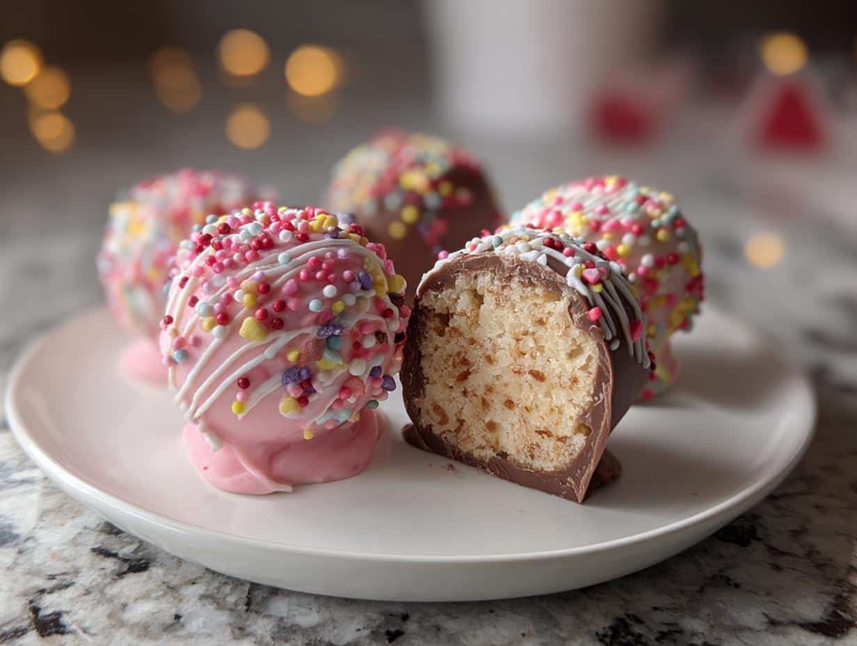 A cross-section view showing the cake interior of a Valentine’s Day Lollipop Cake next to whole decorated treats.