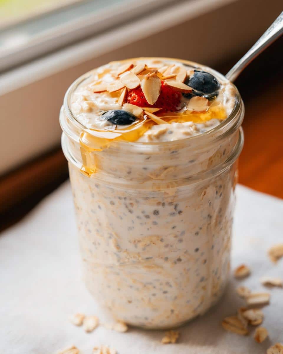 Close-up of Vanilla Almond Overnight Oats topped with sliced almonds, blueberries, a strawberry slice, and honey drizzle.