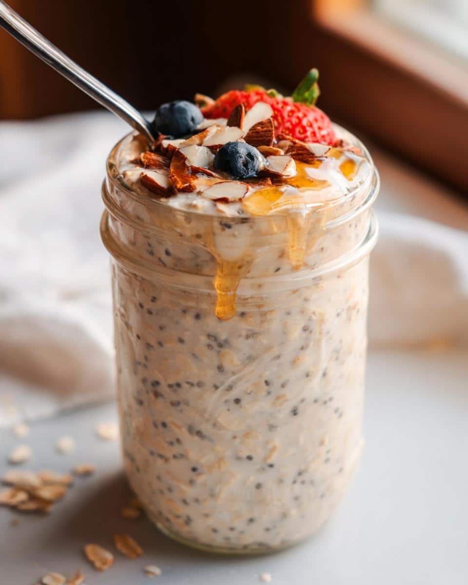 Close-up of Vanilla Almond Overnight Oats topped with berries, almonds, and drizzled honey.
