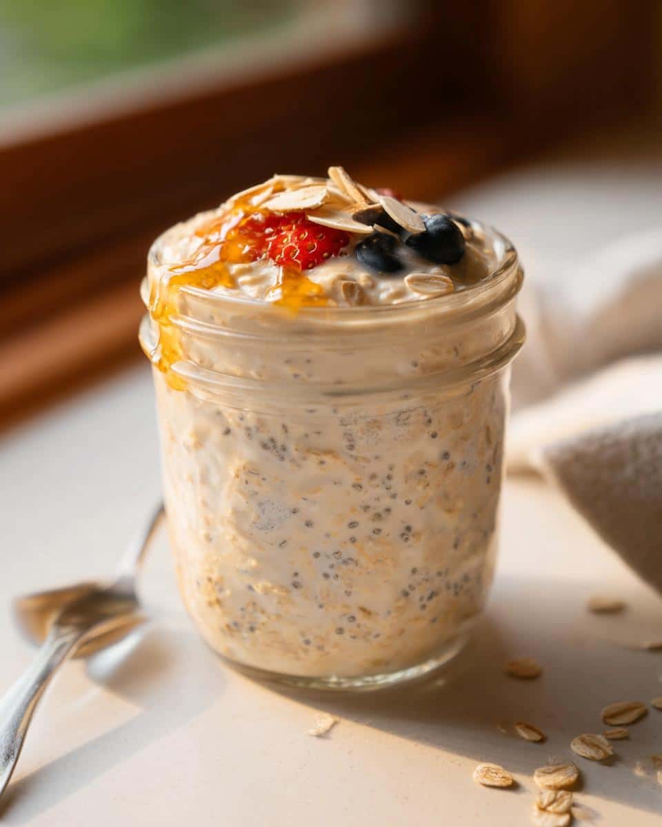 Jar of creamy Vanilla Almond Overnight Oats topped with berries, sliced almonds, and honey.