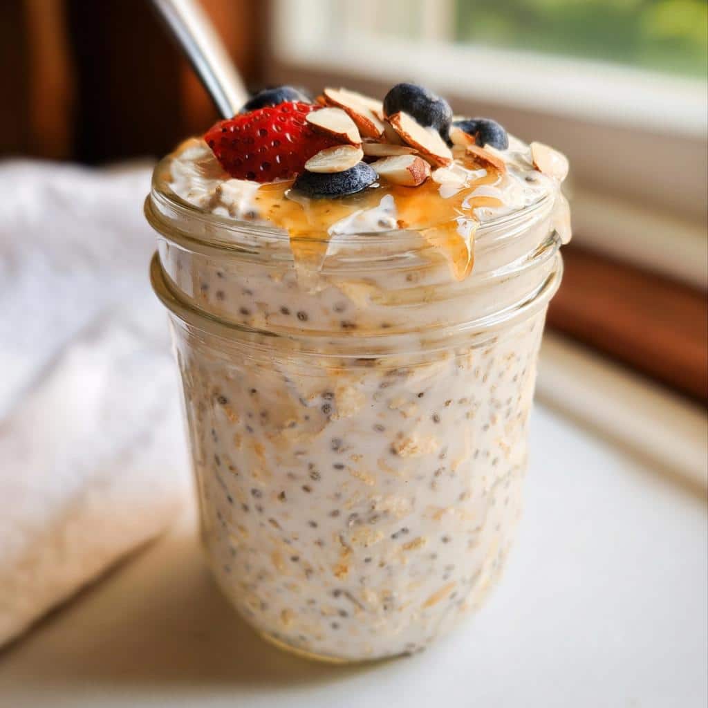 Close-up of Vanilla Almond Overnight Oats topped with fresh strawberries, blueberries, sliced almonds, and honey drizzle.
