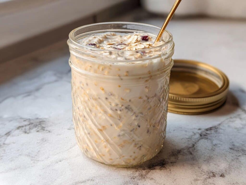 Close-up of Vanilla Cream Overnight Oats prepared in a textured glass jar with a gold spoon resting inside.