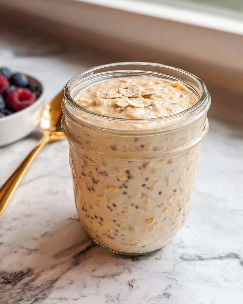 A glass jar filled with creamy Vanilla Cream Overnight Oats, topped with rolled oats, sitting on a marble surface next to berries.