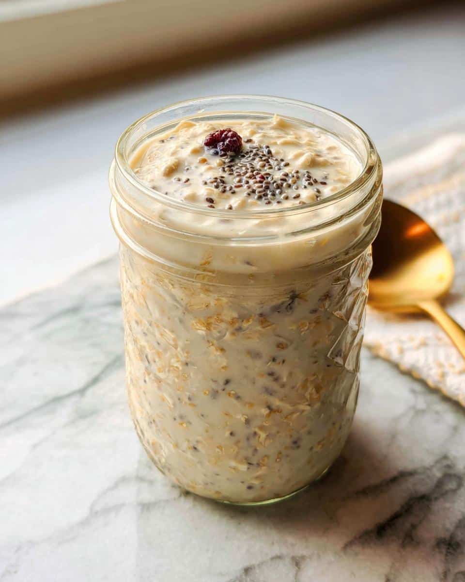 A close-up of Vanilla Cream Overnight Oats prepared in a glass jar, topped with chia seeds and a single berry.