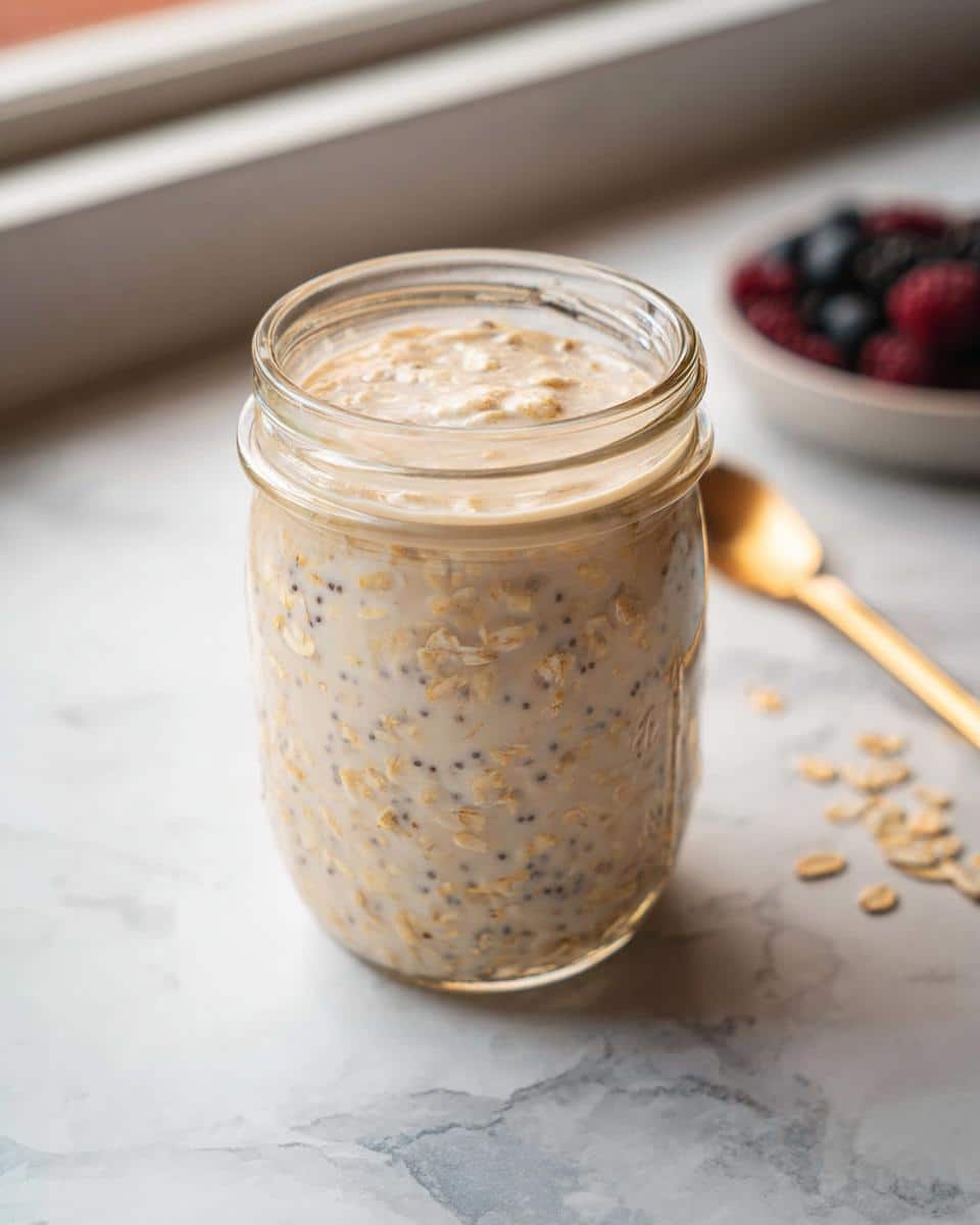 A glass jar filled with creamy Vanilla Cream Overnight Oats, featuring visible oats and chia seeds.