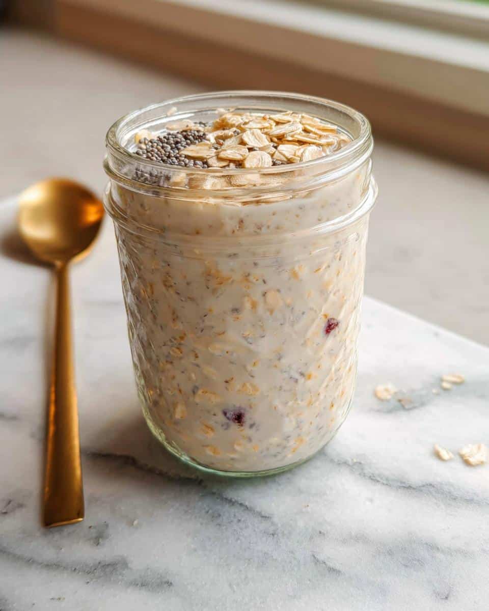 A glass jar filled with creamy Vanilla Cream Overnight Oats, topped with rolled oats and chia seeds, next to a gold spoon.