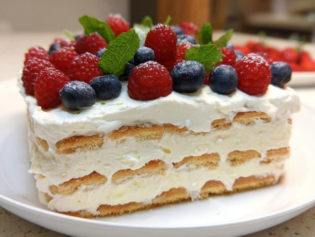A slice of layered Vanilla Wafer Icebox Cake topped with whipped cream, fresh raspberries, blueberries, and mint.