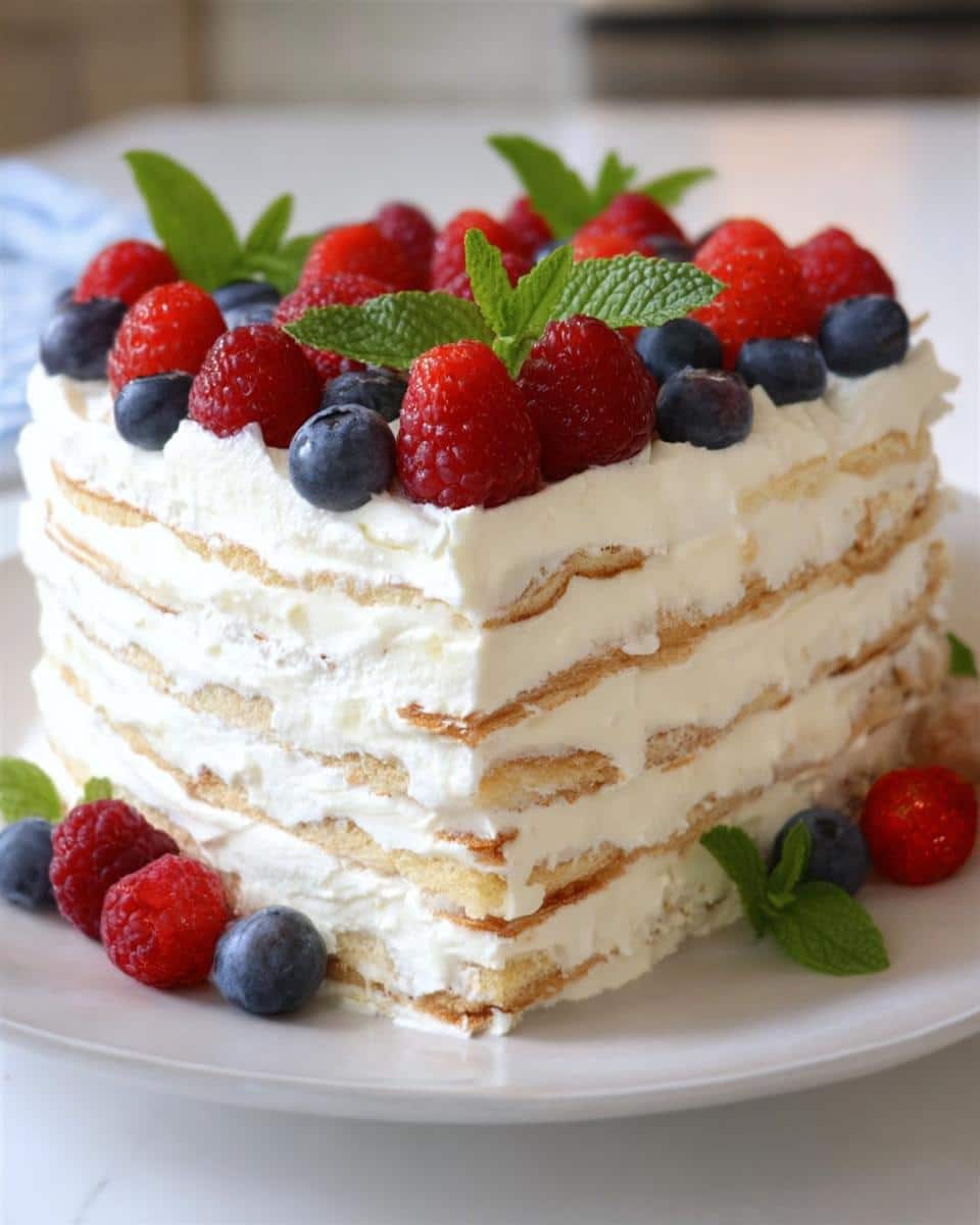 A layered slice of Vanilla Wafer Icebox Cake topped with fresh raspberries, blueberries, and mint.