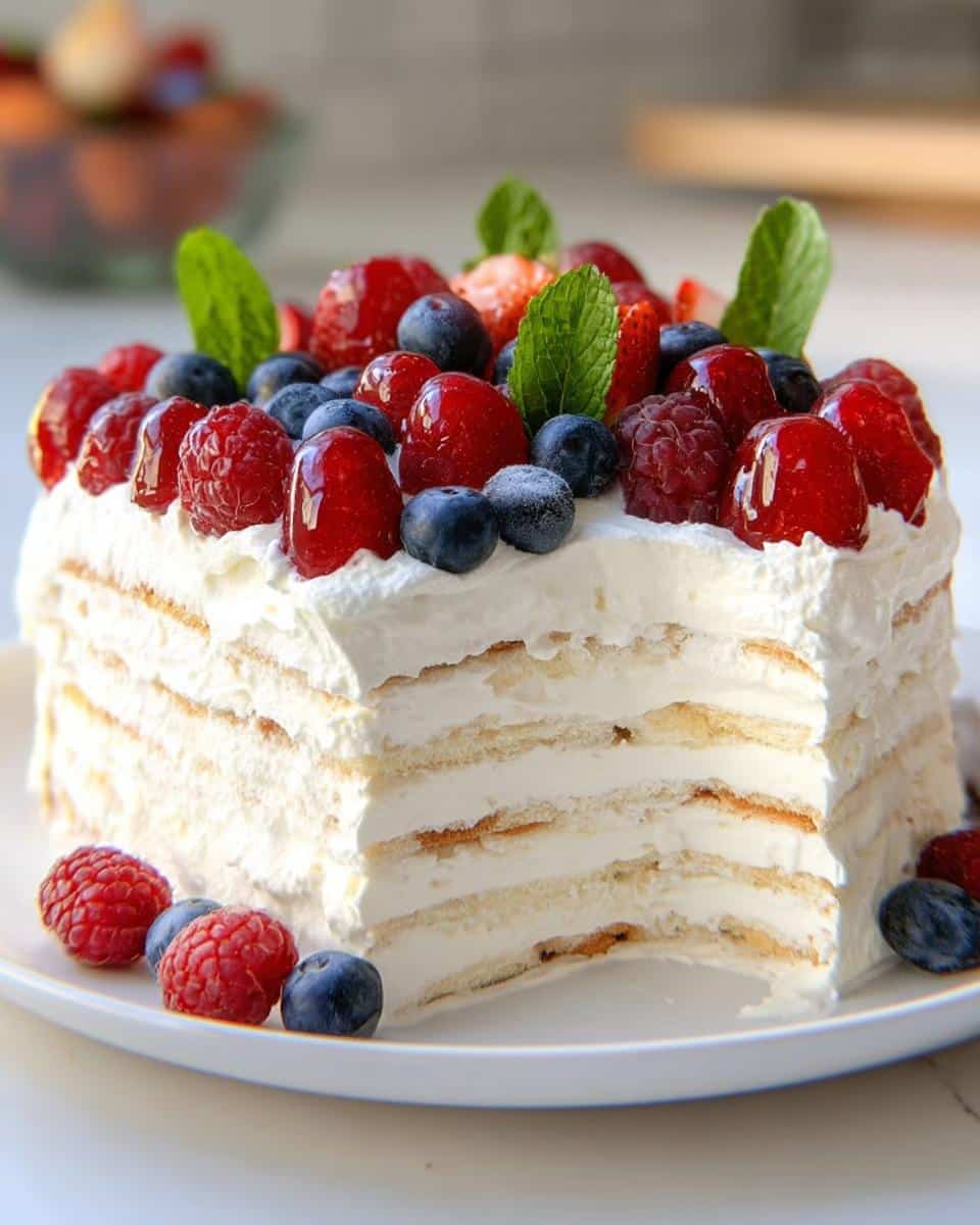 A slice removed from a layered Vanilla Wafer Icebox Cake topped with fresh mixed berries and mint.