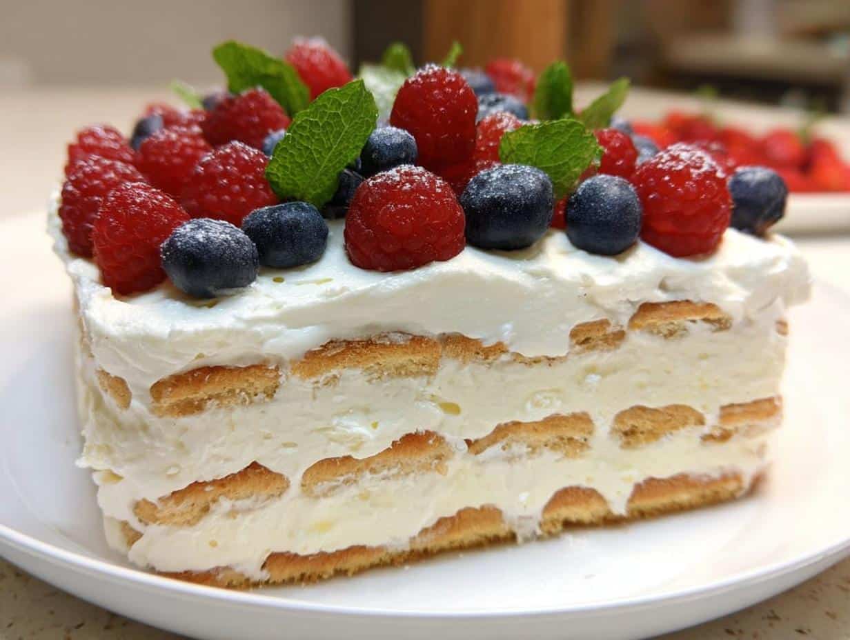 A slice of layered Vanilla Wafer Icebox Cake topped with whipped cream, fresh raspberries, blueberries, and mint.