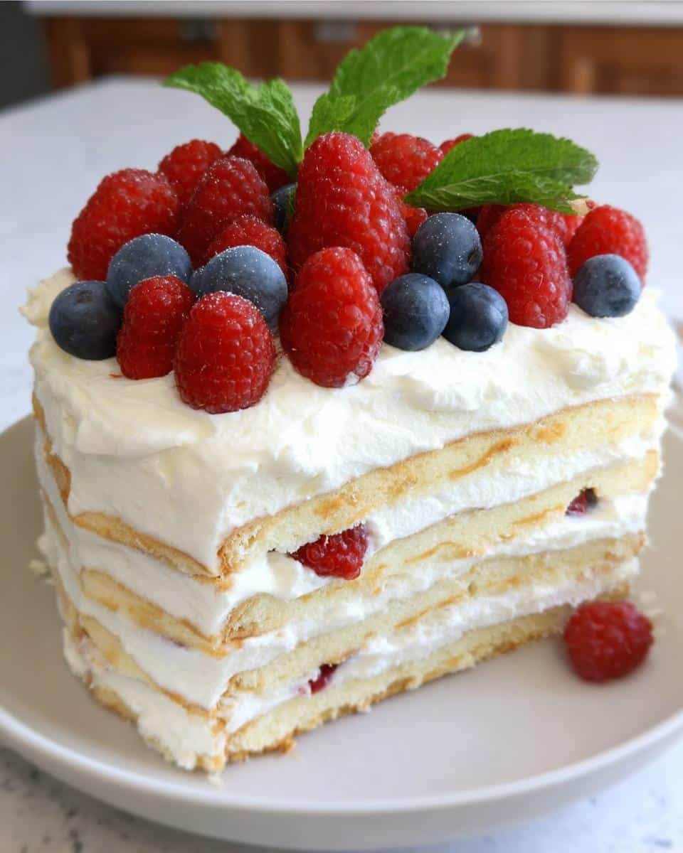 A tall slice of Vanilla Wafer Icebox Cake layered with cream and topped with fresh raspberries and blueberries.