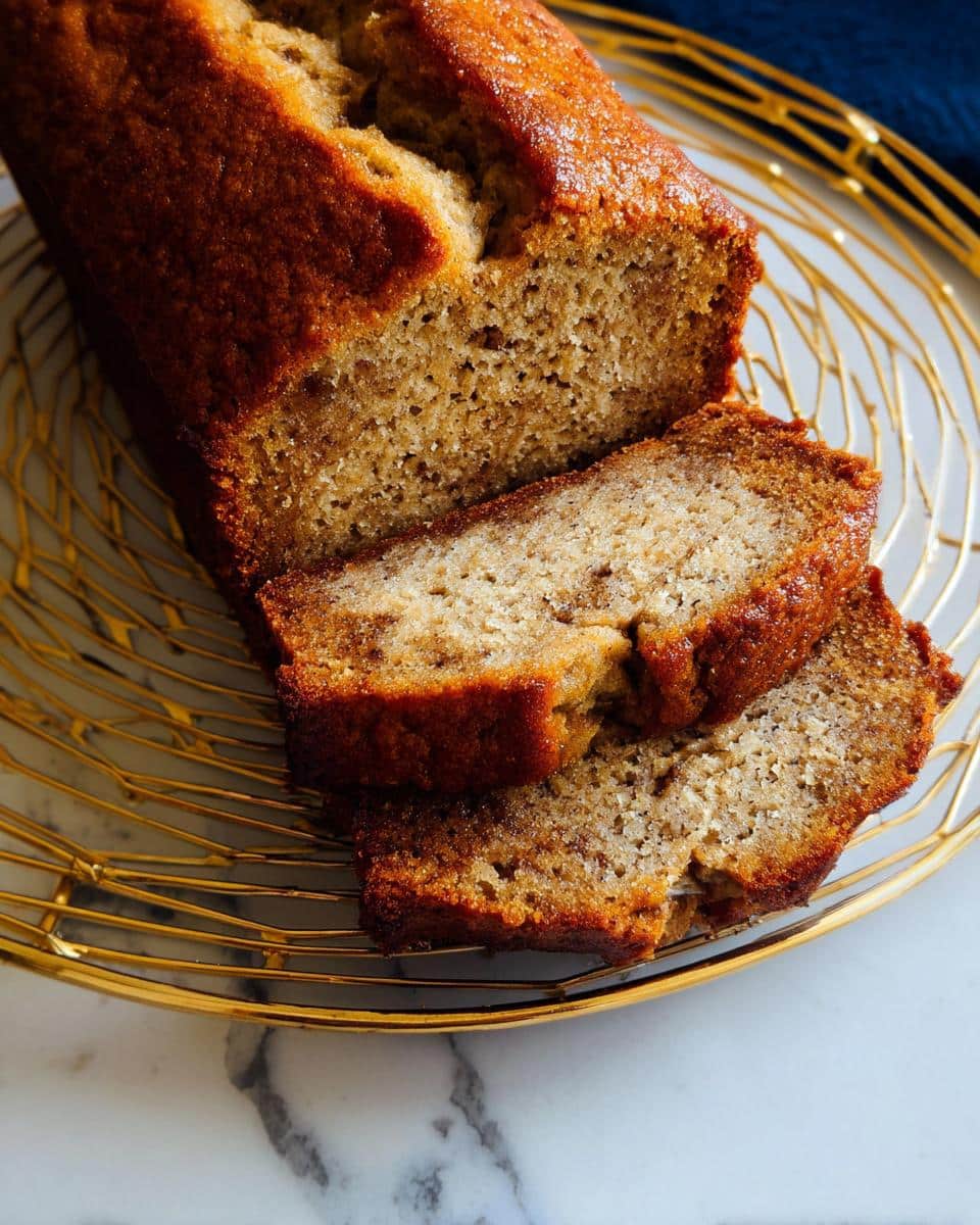A loaf of moist Vegan Banana Bread Without Butter, sliced on a gold wire serving tray.