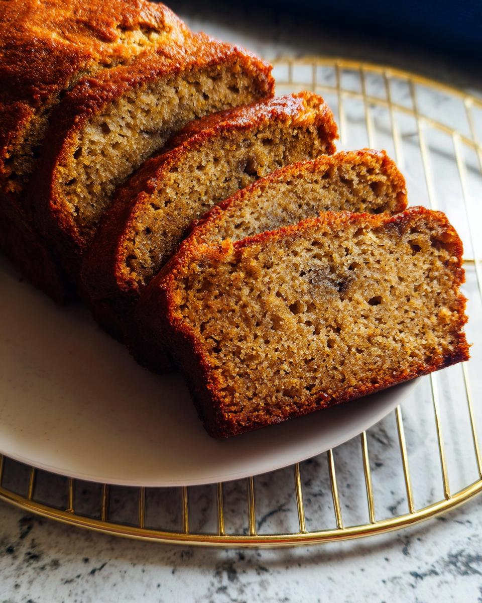 Four thick slices of moist Vegan Banana Bread Without Butter displayed on a plate with a golden cooling rack underneath.