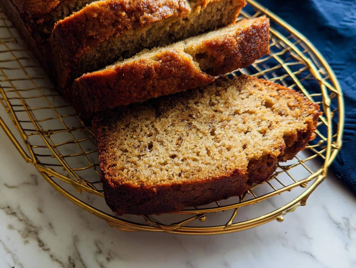 Close-up of sliced Vegan Banana Bread Without Butter resting on a gold cooling rack.