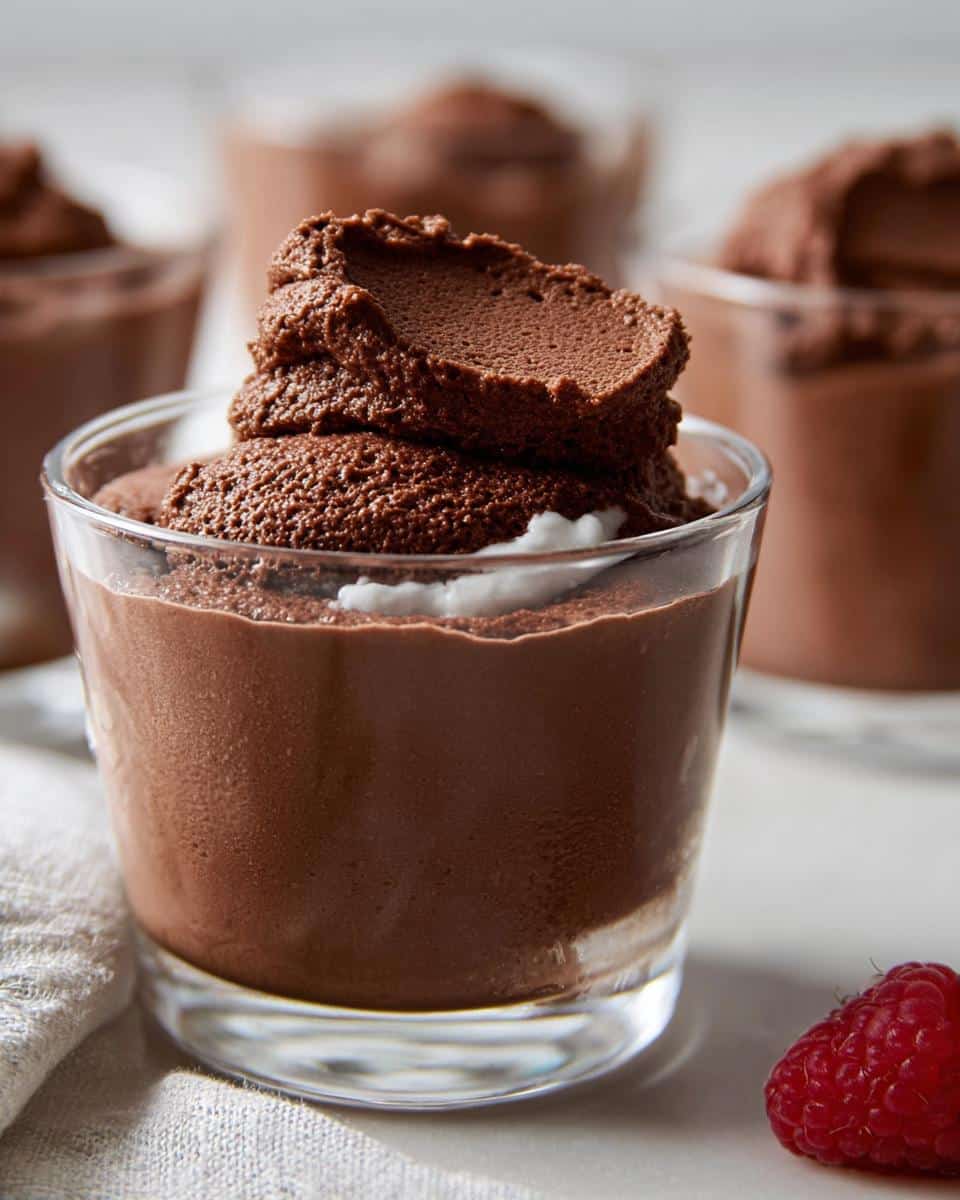 Close-up of rich Vegan Chocolate Mousse served in a small glass, topped with a dollop.