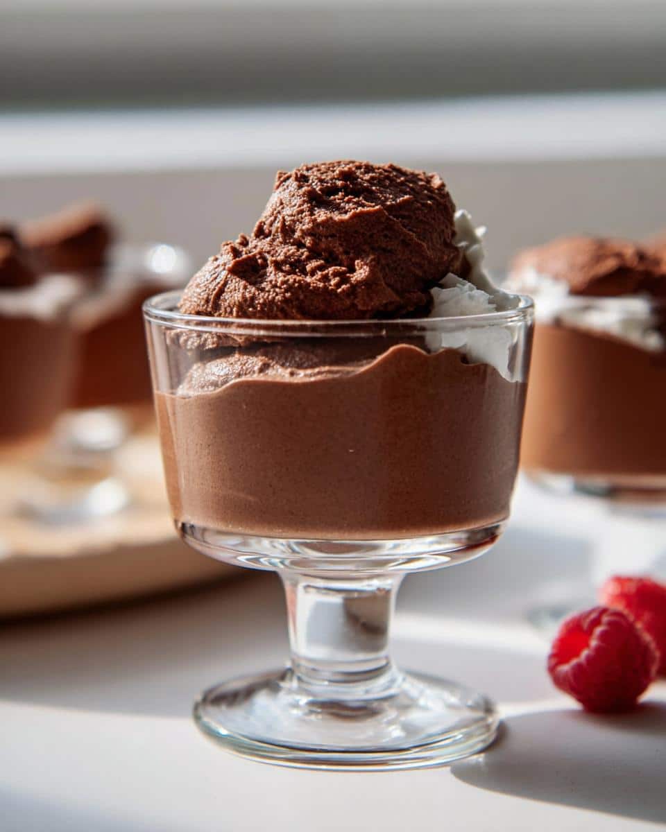 Close-up of a glass serving of rich Vegan Chocolate Mousse topped with a scoop of mousse and whipped cream.
