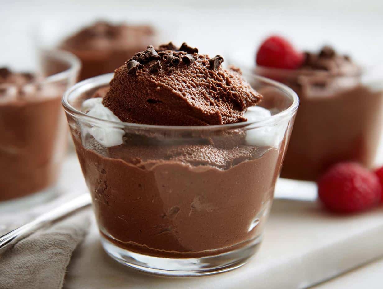 Close-up of a serving of rich Vegan Chocolate Mousse topped with chocolate shavings and cream.