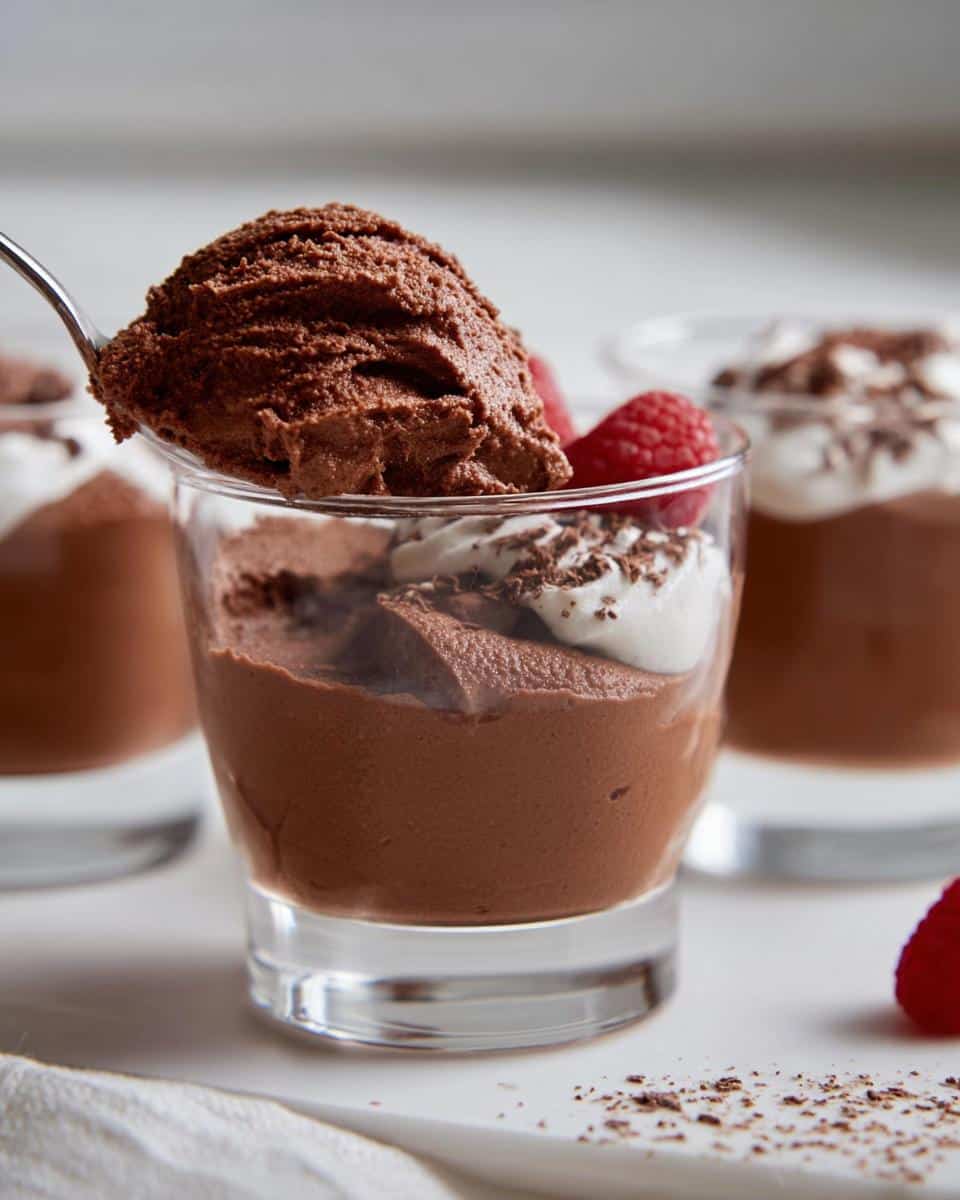 A spoonful of rich Vegan Chocolate Mousse being lifted from a glass, garnished with cream and raspberries.