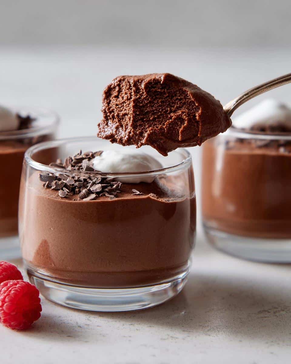A spoonful of rich, airy Vegan Chocolate Mousse being lifted from a glass cup, garnished with chocolate shavings.