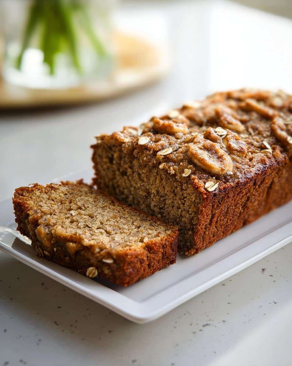 A sliced loaf of moist Vegan One-Bowl Banana Bread topped with oats and banana slices.