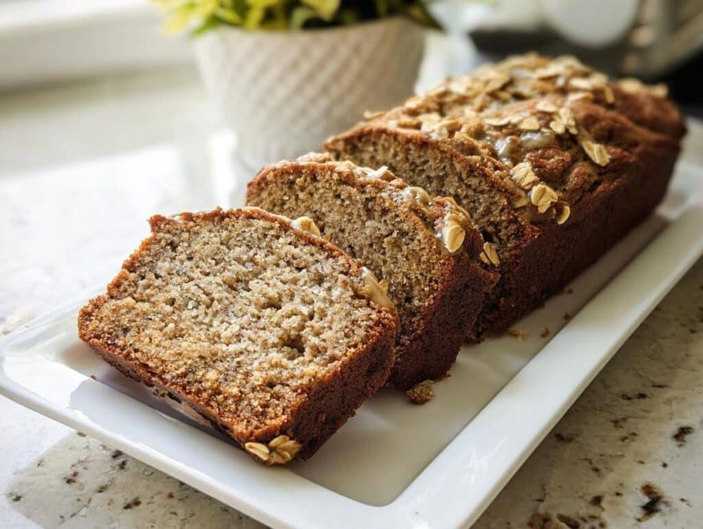 A loaf of moist Vegan One-Bowl Banana Bread, sliced and topped with oats, served on a white platter.