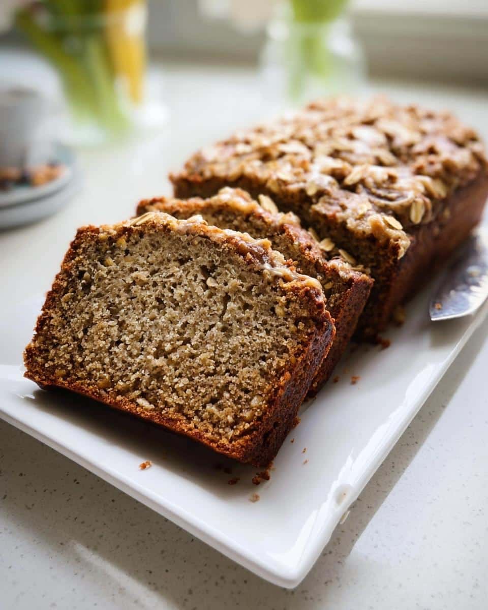 Close-up of sliced Vegan One-Bowl Banana Bread with a moist crumb and oat topping on a white platter.