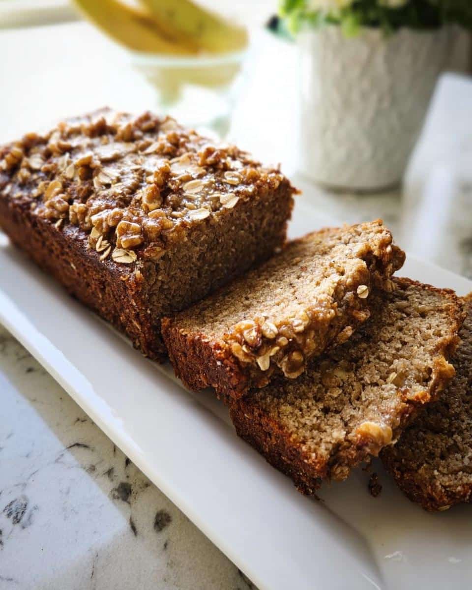 A loaf of Vegan One-Bowl Banana Bread, partially sliced, featuring a crunchy oat and nut topping.